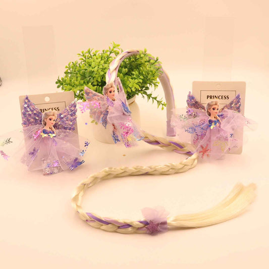 Hair Cuddles Princess Design Combo Set- 2 Hair Clips & 1 Hairband with Ponytail | Kids Magical Hair Accessory Set