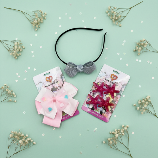 Kids Hair Accessories Combo – Bow Hair Band & Star Hair Clips Set