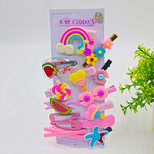 Hair Cuddles Candy Cloud Hair Clip Set – Cute Pink Cartoon and Rainbow Hairpins for Girls | Fun and Colorful Hair Accessories Gift Pack (Set of 14)
