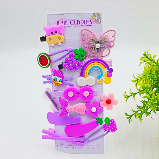 Hair Cuddles Trendy Cute Hair Clip Set for Girls | Cartoon and Flower Hair Accessories | Stylish Kids Hair Pins Combo | Set of 14 Purple Color
