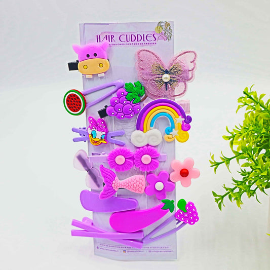 Hair Cuddles Trendy Cute Hair Clip Set for Girls | Cartoon and Flower Hair Accessories | Stylish Kids Hair Pins Combo | Set of 14 Purple Color