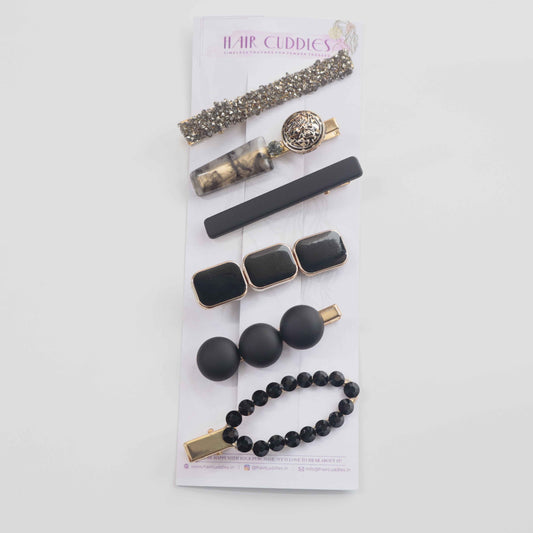 Hair Cuddles Premium Black and Gold Hair Clip Set for Women and Girls - Trendy Matte and Glitter Designer Hairpins for Party and Daily Wear (Set of 6)