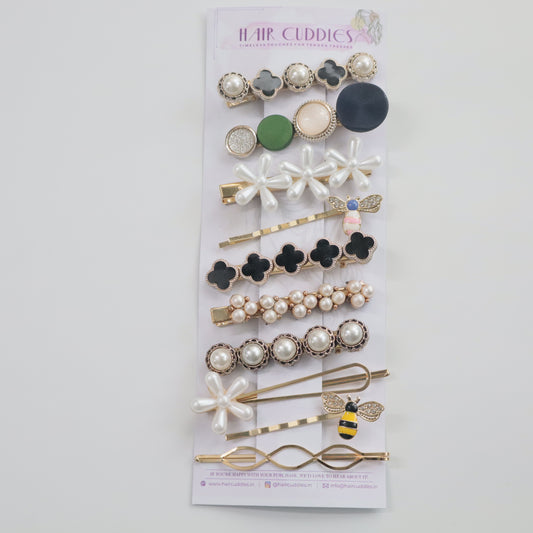 Hair Cuddles Premium Mixed Pearl and Designer Hair Clip Set for Women and Girls - Floral Bee and Pearl Hairpins for Party, Casual & Festive Wear (Set of 10)