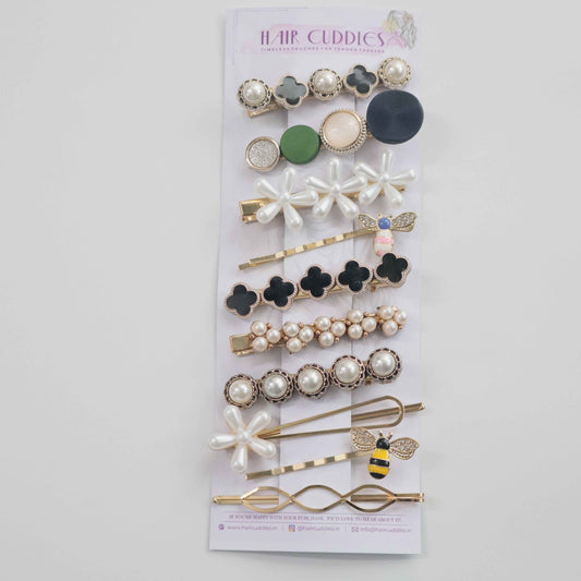 Hair Cuddles Premium Mixed Pearl and Designer Hair Clip Set for Women and Girls - Floral Bee and Pearl Hairpins for Party, Casual & Festive Wear (Set of 10)