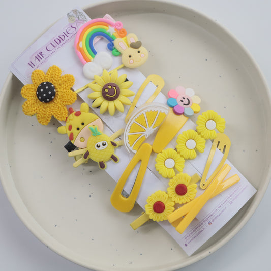 Hair Cuddles Kids Sunshine Hair Clip Set - Cute Yellow Flower Fruit and Cartoon Hairpins for Girls | Fun and Colorful Hair Accessories Gift Pack (Set of 14)