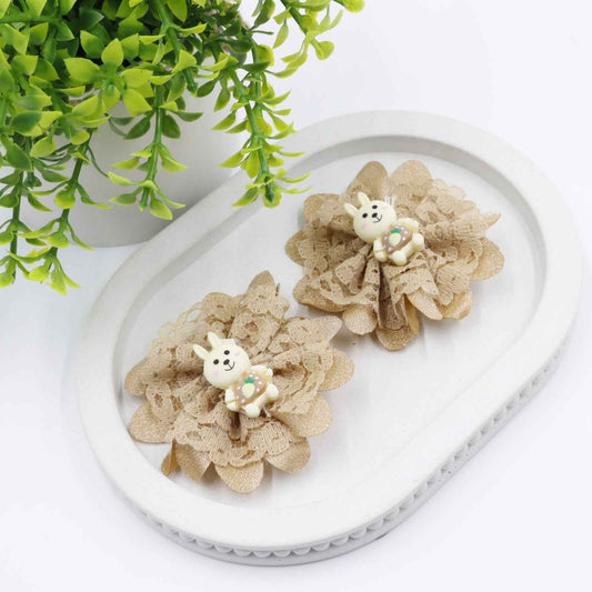 Hair Cuddles Cute Bunny Hair Clips for Girls – Lace Flower Hair Accessories- Pair of 2 (Brown & White)