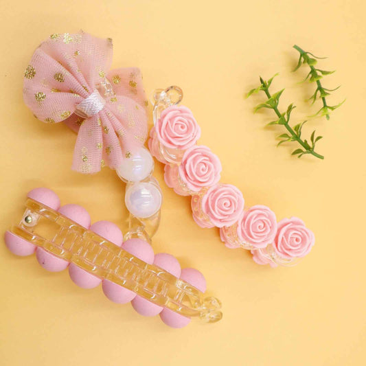 Hair Cuddles Banana Clip Combo Set of 3 – Rose Banana Clip, Bow Banana Clip & Matte Finish Banana Clip for Girls & Women