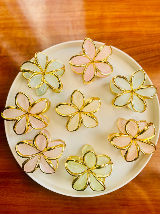 Hair Cuddles Premium Flower Shape Hair Claw Clip for Women & Girls | Gold Outline Pastel Color Clutcher | Strong Grip Big Size Hair Accessories