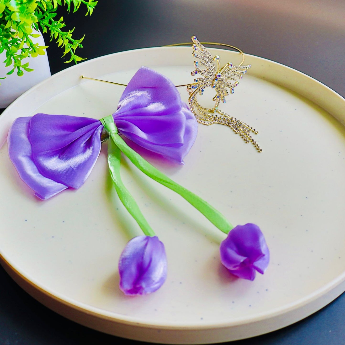 Hair Cuddles Tulip Bow Hair Clip with Butterfly Crystal Hairband | Premium Party Wear Hair Accessory for Women & Girls