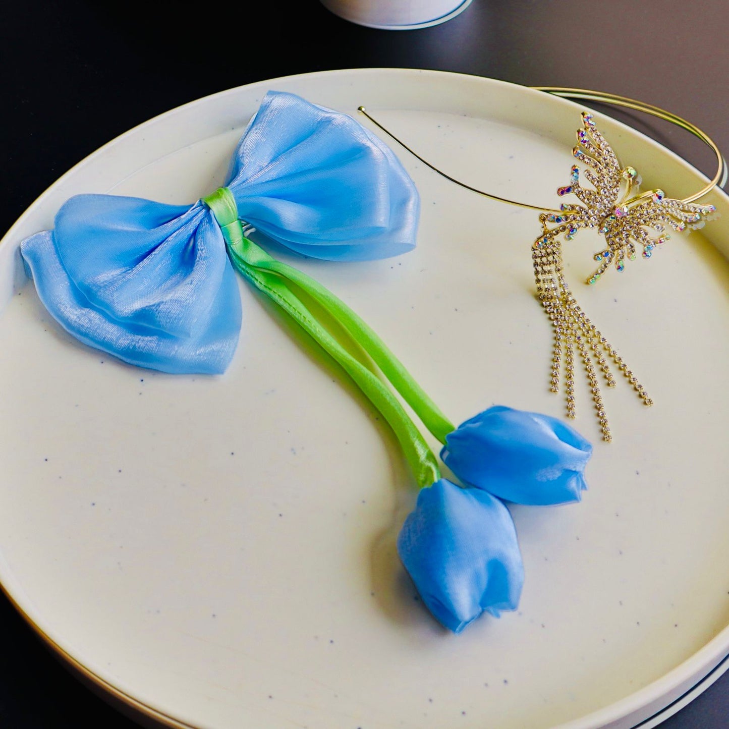 Hair Cuddles Tulip Bow Hair Clip with Butterfly Crystal Hairband | Premium Party Wear Hair Accessory for Women & Girls