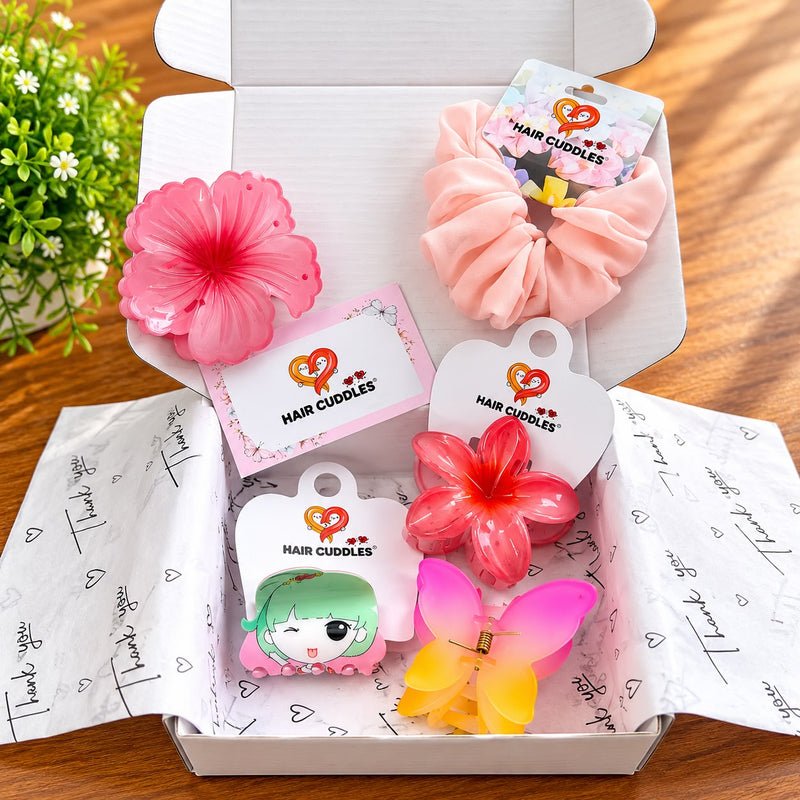 Pink Floral Hair Accessories Combo – 5 Piece Set