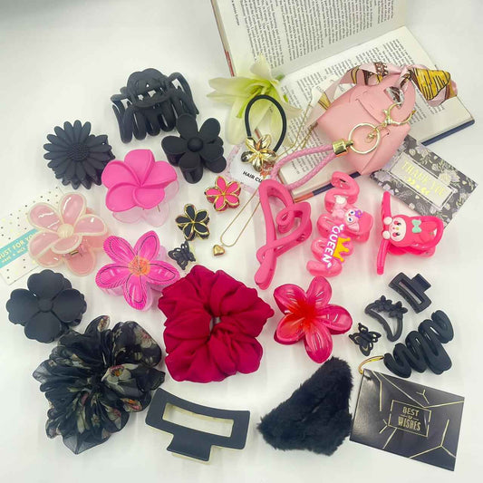 Girls Pink & Black Gift Hamper – Stylish Hair Accessories Combo Set