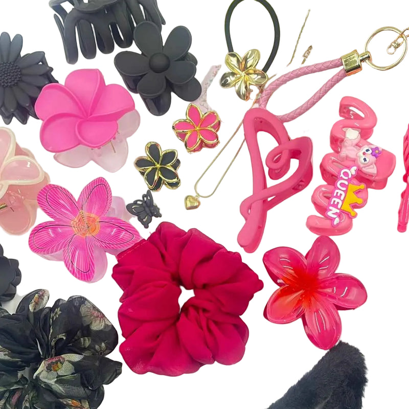 Girls Pink & Black Gift Hamper – Stylish Hair Accessories Combo Set