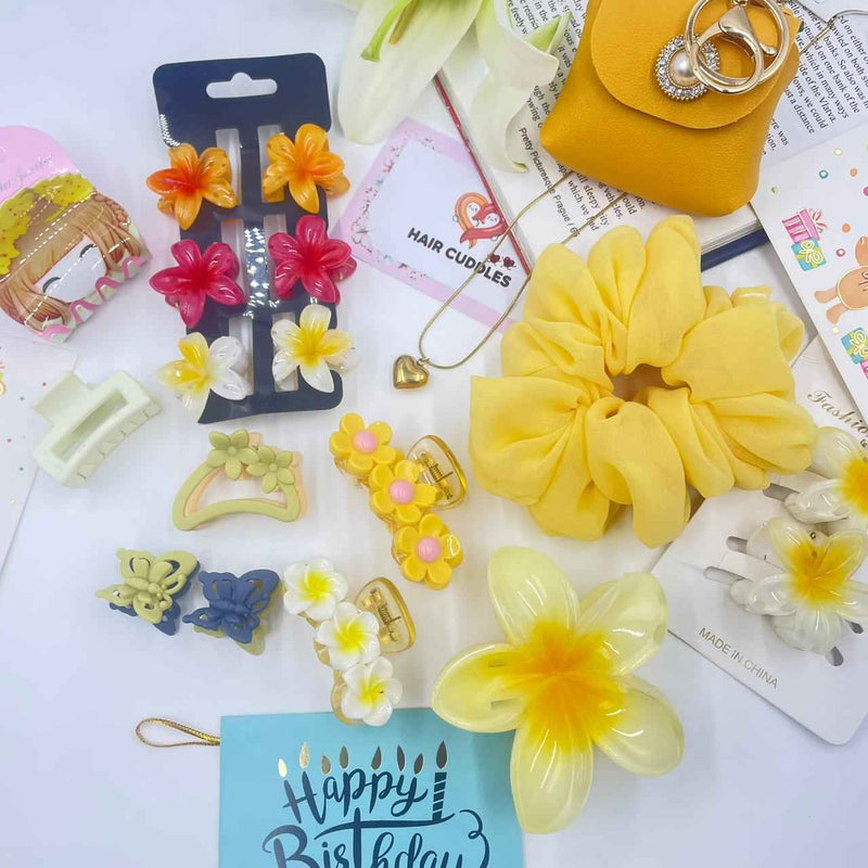 Girls Yellow Mini Gift Hamper – Cute Hair Accessories & Scrunchie Set
