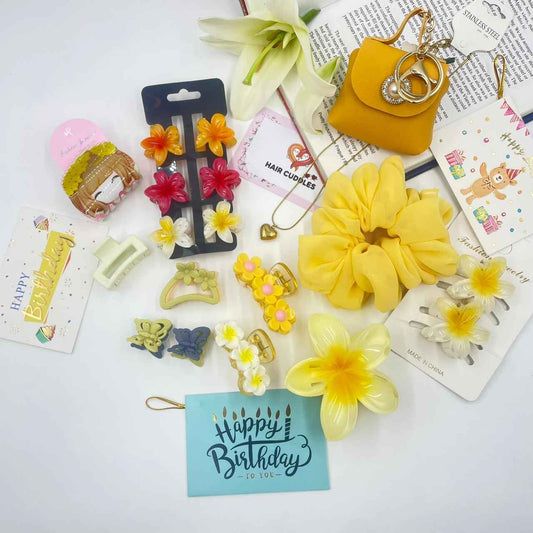 Girls Yellow Mini Gift Hamper – Cute Hair Accessories & Scrunchie Set