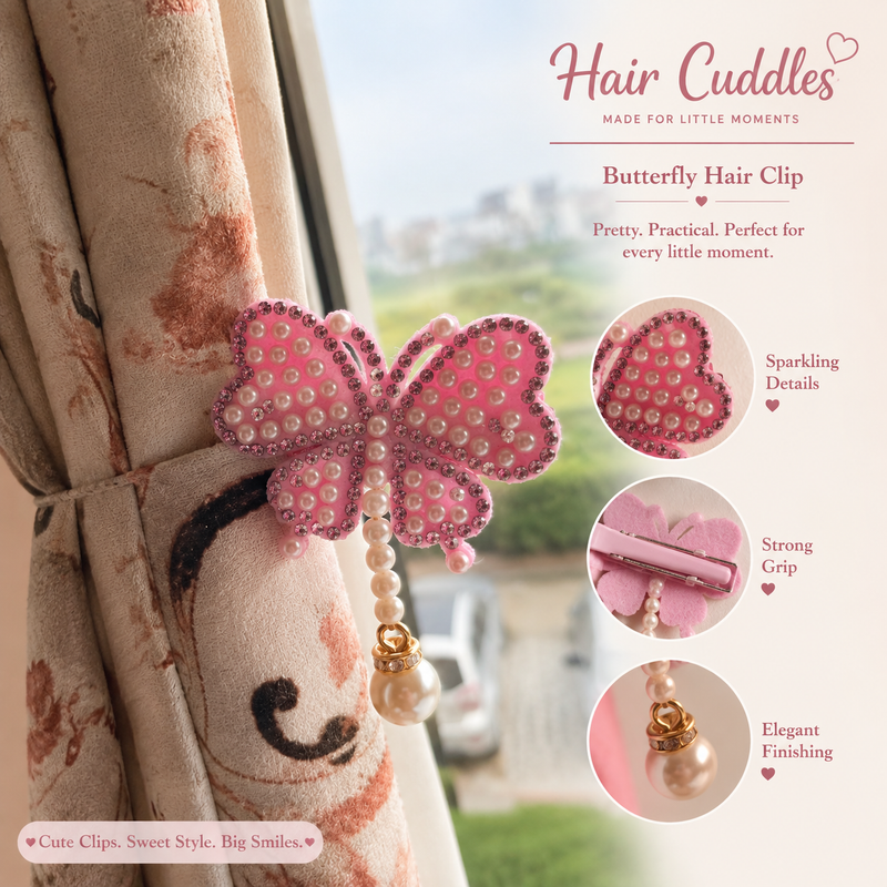 Hair Clip Set with Dangling Pearl Charm – Pink