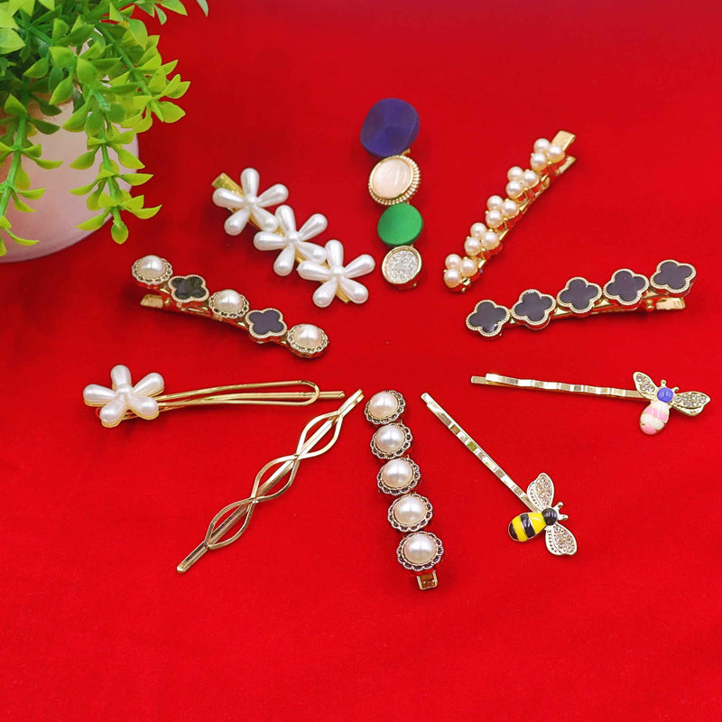 Hair Cuddles Premium Mixed Pearl and Designer Hair Clip Set for Women and Girls - Floral Bee and Pearl Hairpins for Party, Casual & Festive Wear (Set of 10)