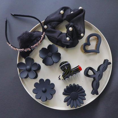 Hair Cuddles Luxe Noir Gift Box – Premium Matte Black Floral and Heart Hair Clips with Pearl Scrunchie and Embellished Headband | Elegant Festive Gift Set for Women and Girls (Set of 10)