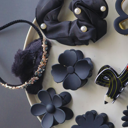 Hair Cuddles Luxe Noir Gift Box – Premium Matte Black Floral and Heart Hair Clips with Pearl Scrunchie and Embellished Headband | Elegant Festive Gift Set for Women and Girls (Set of 10)