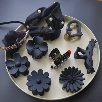 Hair Cuddles Luxe Noir Gift Box – Premium Matte Black Floral and Heart Hair Clips with Pearl Scrunchie and Embellished Headband | Elegant Festive Gift Set for Women and Girls (Set of 10)