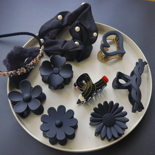 Hair Cuddles Luxe Noir Gift Box – Premium Matte Black Floral and Heart Hair Clips with Pearl Scrunchie and Embellished Headband | Elegant Festive Gift Set for Women and Girls (Set of 10)