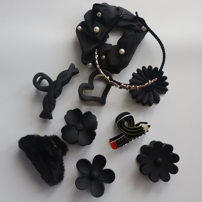Hair Cuddles Luxe Noir Gift Box – Premium Matte Black Floral and Heart Hair Clips with Pearl Scrunchie and Embellished Headband | Elegant Festive Gift Set for Women and Girls (Set of 10)