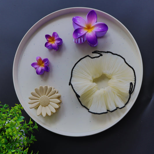 Hair Cuddles Flower Claw Clip & Scrunchie Combo for Girls & Women | Premium Matte & Flower Hair Claw Clips with Soft Fabric Scrunchie | Party & Daily Wear Hair Accessories