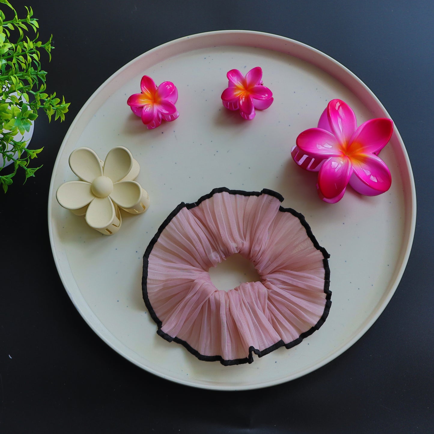 Hair Cuddles Flower Claw Clip & Scrunchie Combo for Girls & Women | Premium Matte & Flower Hair Claw Clips with Soft Fabric Scrunchie | Party & Daily Wear Hair Accessories