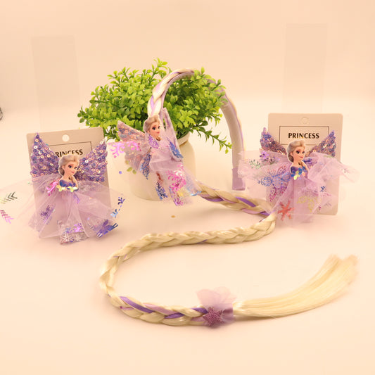 Hair Cuddles Princess Design Combo Set- 2 Hair Clips & 1 Hairband with Ponytail | Kids Magical Hair Accessory Set