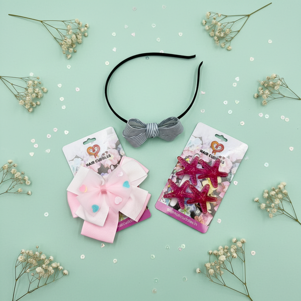 Kids Hair Accessories Combo Set – Bow Hair Band, Starfish Hair Clips and Bow Clip Set
