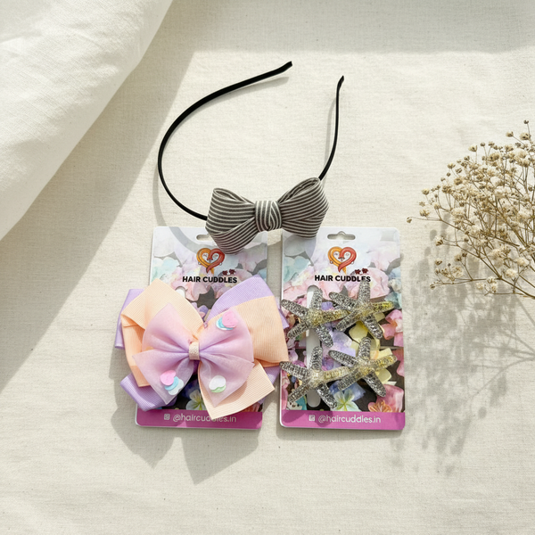 Kids Hair Accessories Combo Set – Bow Hair Band, Starfish Hair Clips and Bow Clip Set