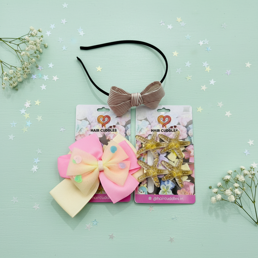 Kids Hair Accessories Combo – Bow Hair Band & Star Hair Clips Set