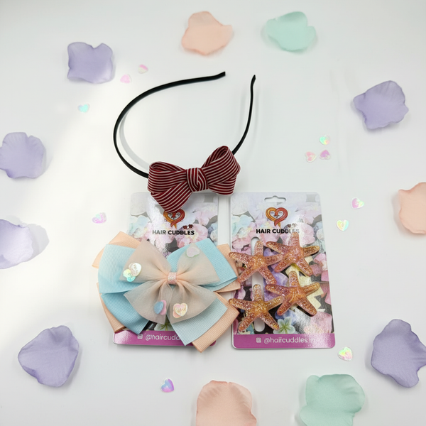 Kids Hair Accessories Combo Set – Bow Hair Band, Starfish Hair Clips and Bow Clip Set