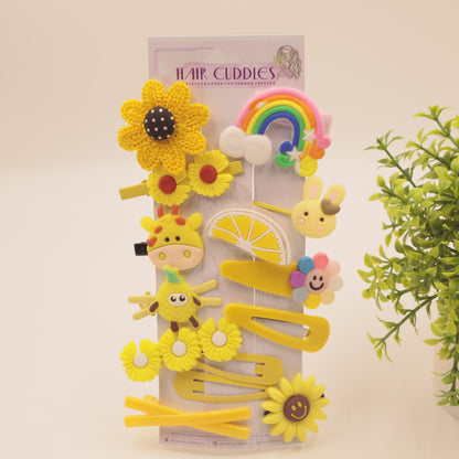 Hair Cuddles Kids Sunshine Hair Clip Set - Cute Yellow Flower Fruit and Cartoon Hairpins for Girls | Fun and Colorful Hair Accessories Gift Pack (Set of 14)