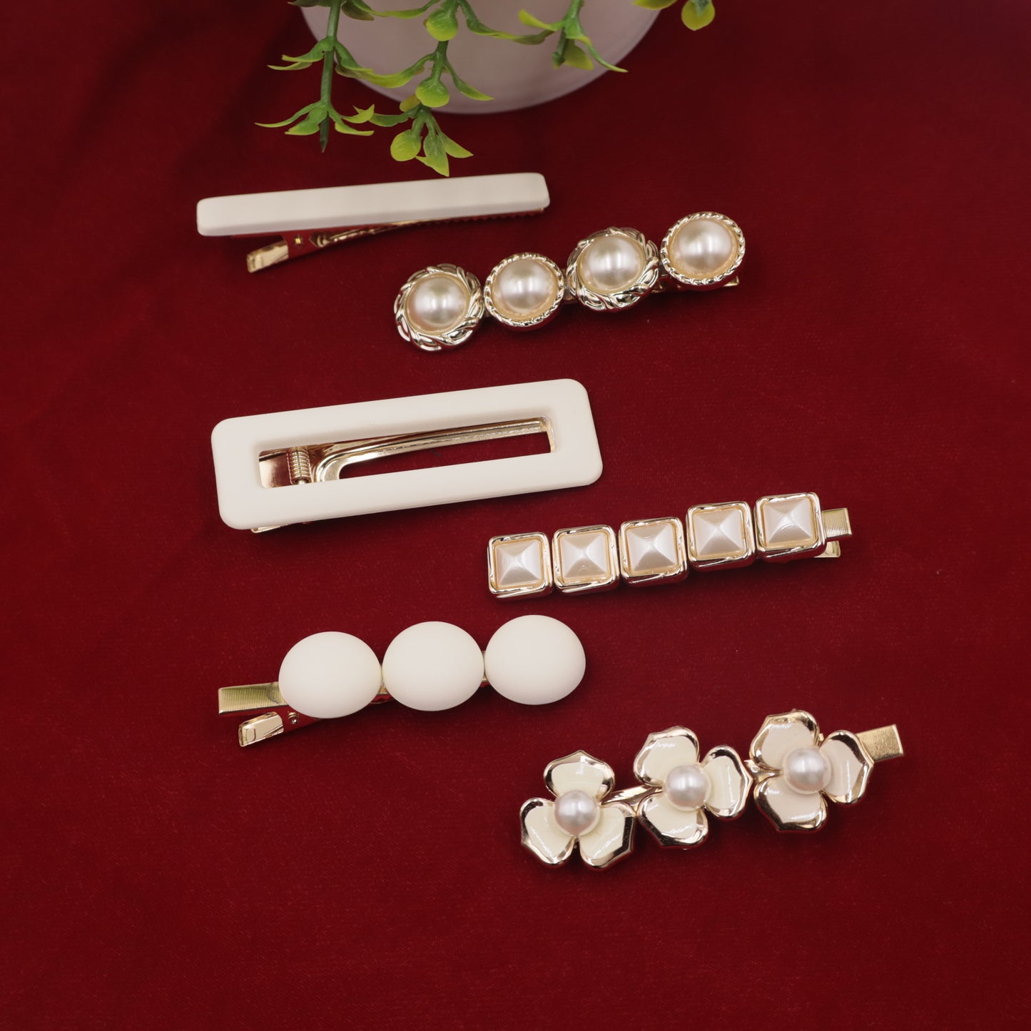 Hair Cuddles Premium Pearl and Matte White Hair Clip Set for Women & Girls - Elegant Designer Hairpins for Daily and Party Wear (Set of 6)