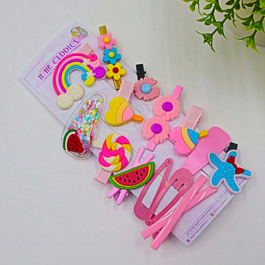 Hair Cuddles Candy Cloud Hair Clip Set – Cute Pink Cartoon and Rainbow Hairpins for Girls | Fun and Colorful Hair Accessories Gift Pack (Set of 14)