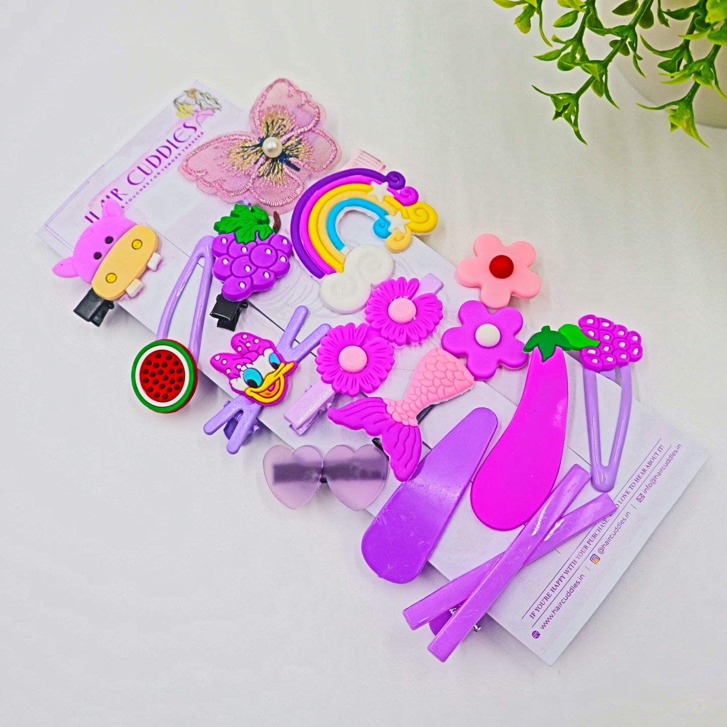 Hair Cuddles Trendy Cute Hair Clip Set for Girls | Cartoon and Flower Hair Accessories | Stylish Kids Hair Pins Combo | Set of 14 Purple Color