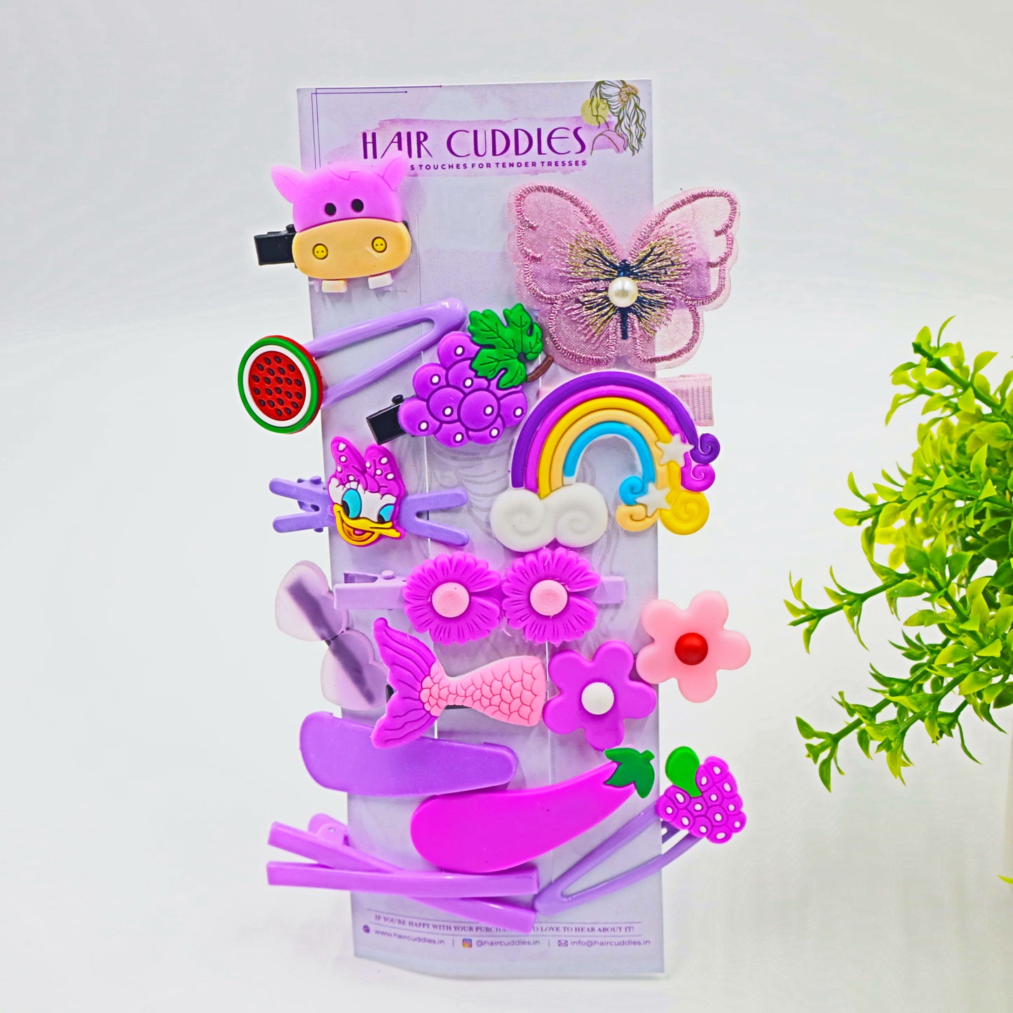 Hair Cuddles Trendy Cute Hair Clip Set for Girls | Cartoon and Flower Hair Accessories | Stylish Kids Hair Pins Combo | Set of 14 Purple Color
