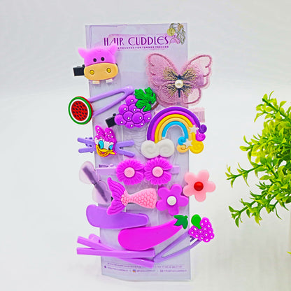 Hair Cuddles Trendy Cute Hair Clip Set for Girls | Cartoon and Flower Hair Accessories | Stylish Kids Hair Pins Combo | Set of 14 Purple Color