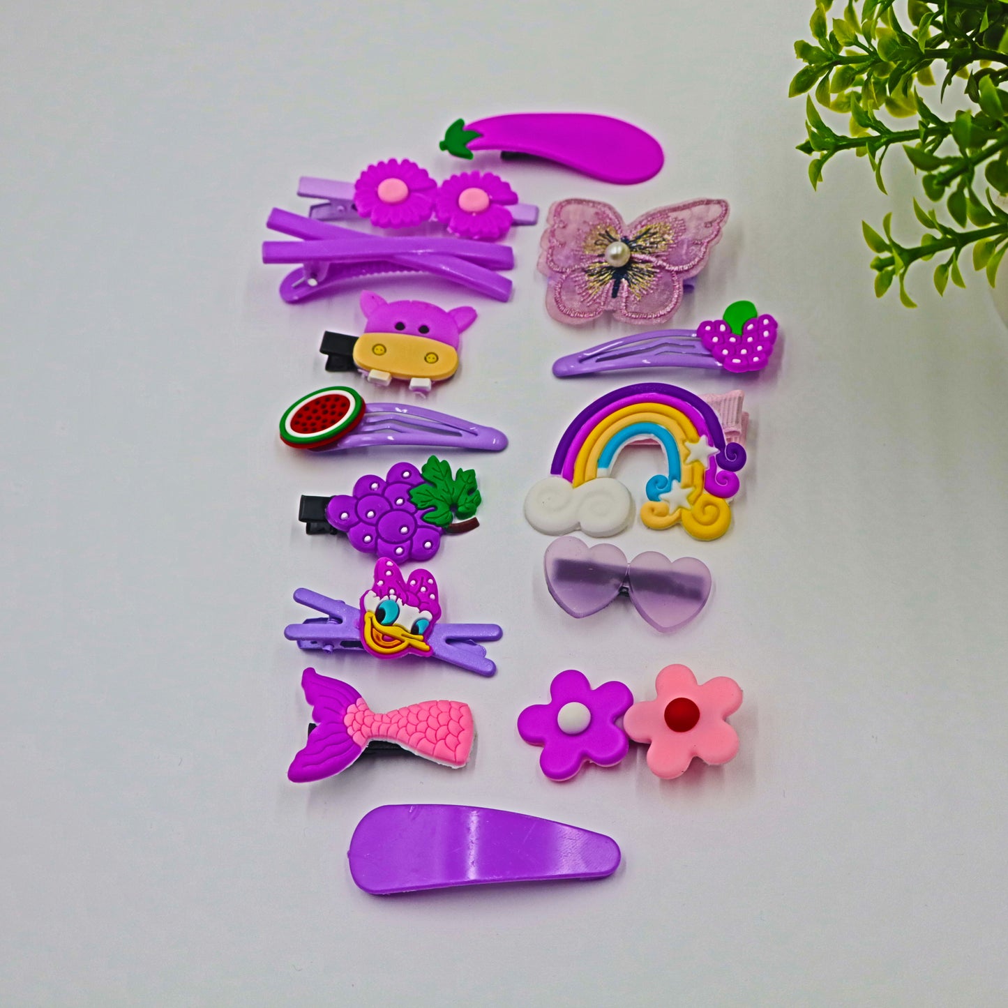 Hair Cuddles Trendy Cute Hair Clip Set for Girls | Cartoon and Flower Hair Accessories | Stylish Kids Hair Pins Combo | Set of 14 Purple Color