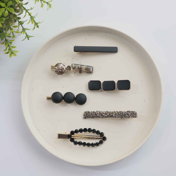 Hair Cuddles Premium Black and Gold Hair Clip Set for Women and Girls - Trendy Matte and Glitter Designer Hairpins for Party and Daily Wear (Set of 6)