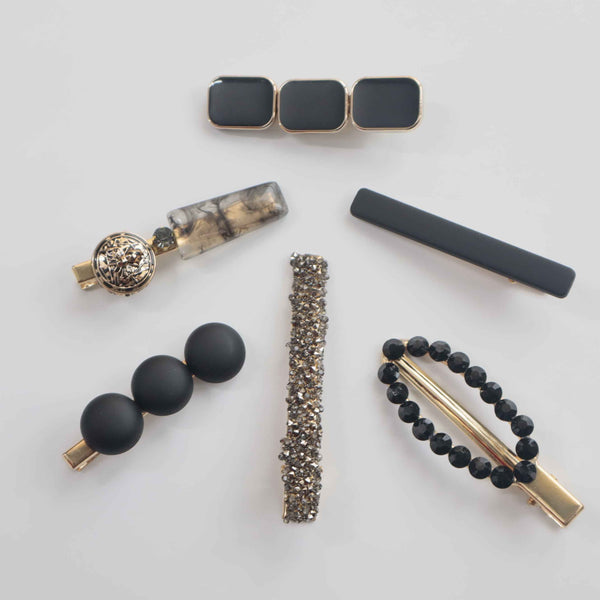Hair Cuddles Premium Black and Gold Hair Clip Set for Women and Girls - Trendy Matte and Glitter Designer Hairpins for Party and Daily Wear (Set of 6)