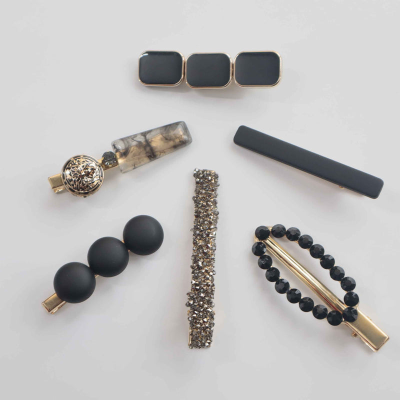 Hair Cuddles Premium Black and Gold Hair Clip Set for Women and Girls - Trendy Matte and Glitter Designer Hairpins for Party and Daily Wear (Set of 6)