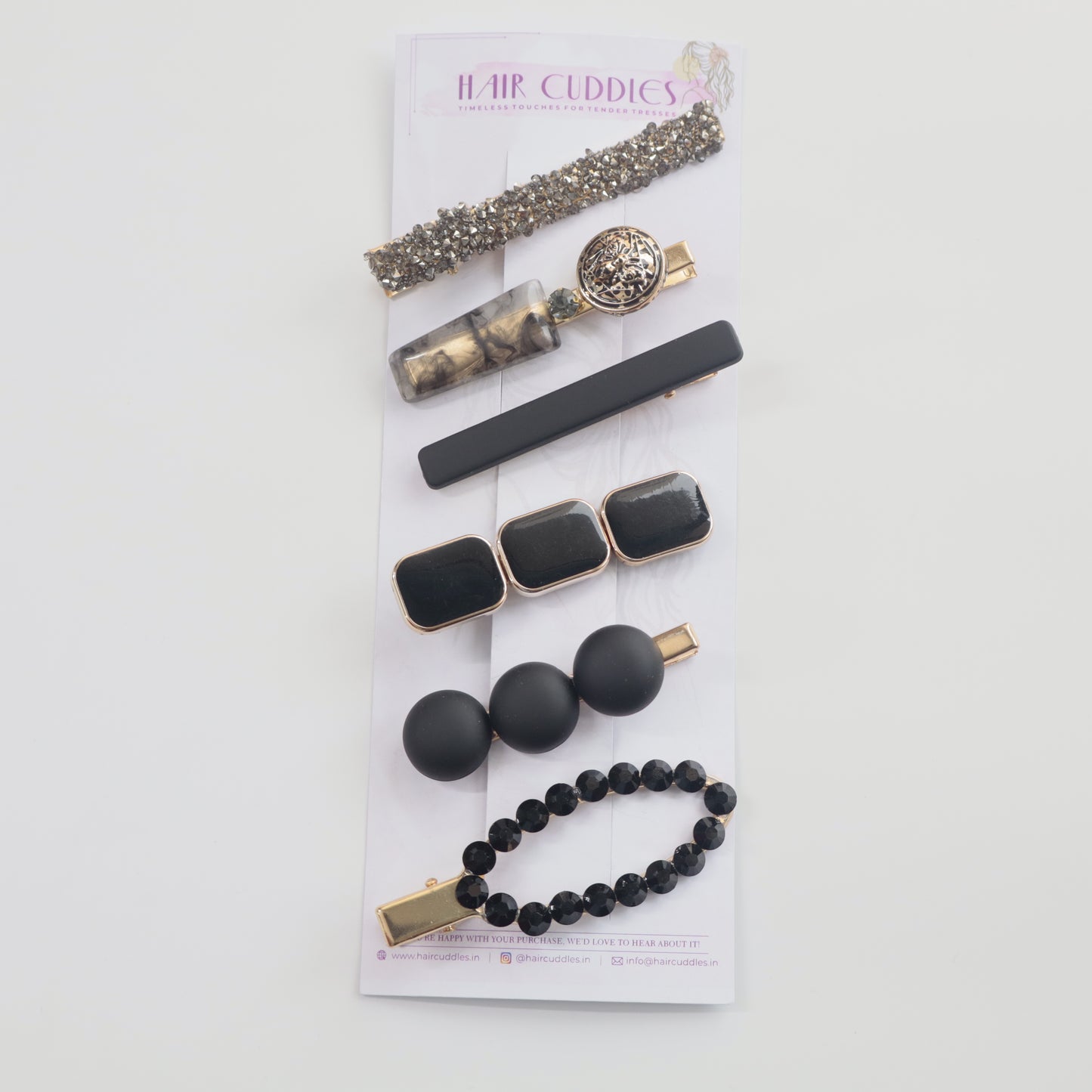 Hair Cuddles Premium Black and Gold Hair Clip Set for Women and Girls - Trendy Matte and Glitter Designer Hairpins for Party and Daily Wear (Set of 6)