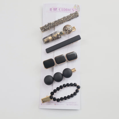 Hair Cuddles Premium Black and Gold Hair Clip Set for Women and Girls - Trendy Matte and Glitter Designer Hairpins for Party and Daily Wear (Set of 6)