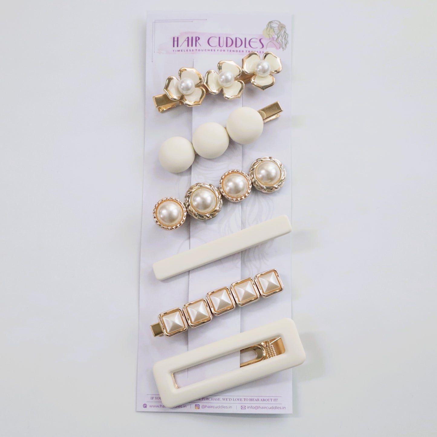 Hair Cuddles Premium Pearl and Matte White Hair Clip Set for Women & Girls - Elegant Designer Hairpins for Daily and Party Wear (Set of 6)