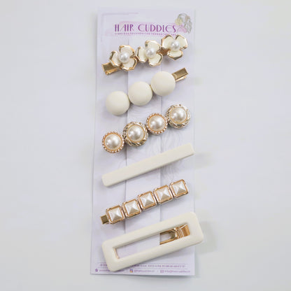 Hair Cuddles Premium Pearl and Matte White Hair Clip Set for Women & Girls - Elegant Designer Hairpins for Daily and Party Wear (Set of 6)