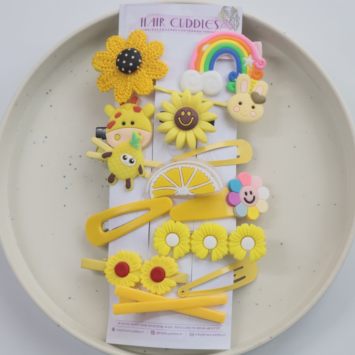 Hair Cuddles Kids Sunshine Hair Clip Set - Cute Yellow Flower Fruit and Cartoon Hairpins for Girls | Fun and Colorful Hair Accessories Gift Pack (Set of 14)