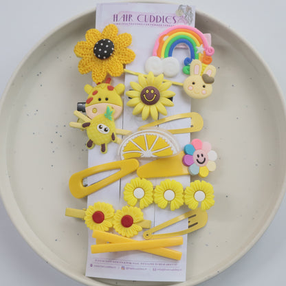 Hair Cuddles Kids Sunshine Hair Clip Set - Cute Yellow Flower Fruit and Cartoon Hairpins for Girls | Fun and Colorful Hair Accessories Gift Pack (Set of 14)