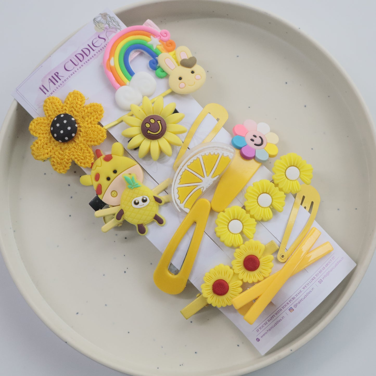 Hair Cuddles Kids Sunshine Hair Clip Set - Cute Yellow Flower Fruit and Cartoon Hairpins for Girls | Fun and Colorful Hair Accessories Gift Pack (Set of 14)